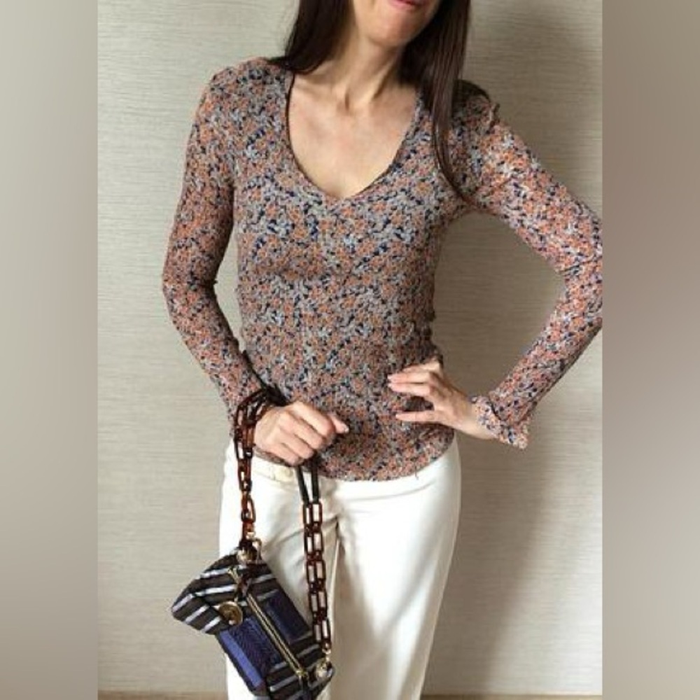 Massimo Dutti Blue Tan Vneck Ribbed Lined Layered Chiffon Long Sleeve Top